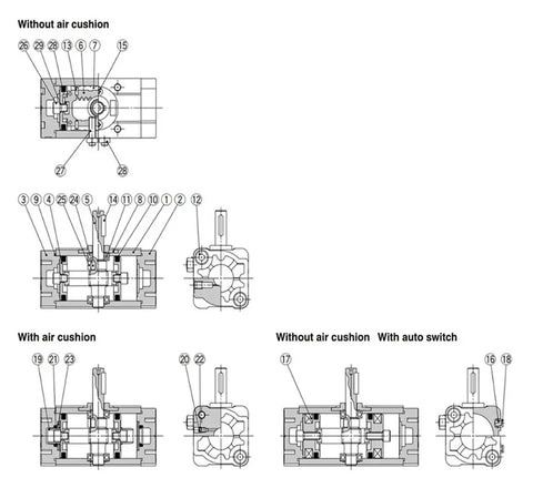 Diagram of Heavy Duty Workhorse Aluminum Pneumatic Rotary Actuator Featuring Slick Rack And Pinion Gears with various configurations.