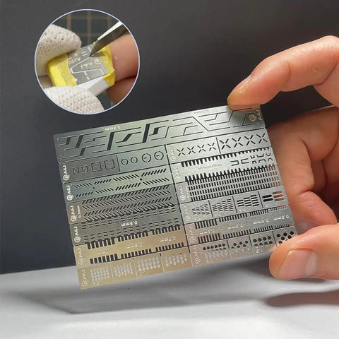 Built Tough Stainless Steel Scriber Tool Kit For Scale Modelers Includes Precision Drill Detail Markers And Assembly Rulers To Lay Lines Straight Up Crisp Without Any Mess Around During Every Garage Build Session. Stainless steel layout plate held by a hand, showing various detailed markings.