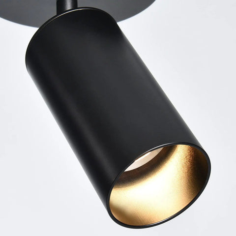 Close-up of black GU10 ceiling light with 360 degree horizontal rotation and 90 degree tilt adjustable spotlight double head downlight.