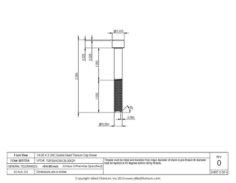 Heavy Duty Pack Of Ten Grade Two Pure Titanium Socket Head Cap Screws One Quarter Twenty By Two Inch side view diagram with dimensions.