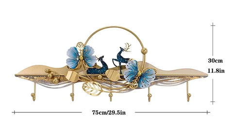Heavy Duty Wall Mount Coat Hooks For Entryway And Closet, decorative gold coat rack with blue flowers and deer design.