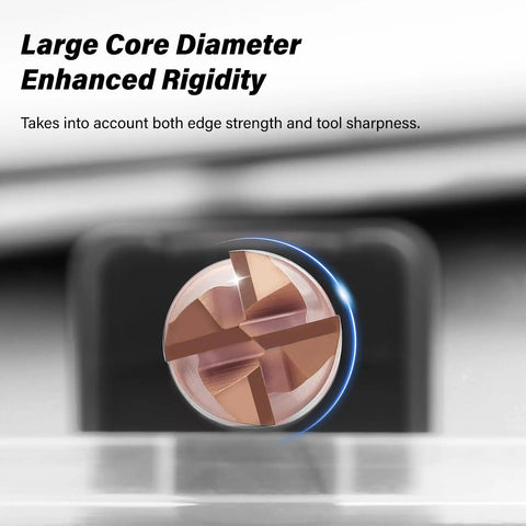 Close-up of 3/8 Inch Carbide Square End Mills Set, 4 Flute, HRC55 TiSiN Coated End Milling Bits on alloy steel surface
