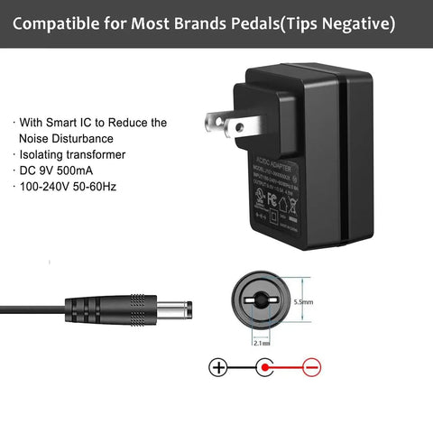 9V 500mA Guitar Pedal Power Supply For Most Effects Pedals AC Wall Charger With 5.5mm X 2.1mm Barrel Connector And Tip Negative