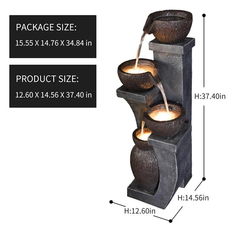 Four Bowl Outdoor Water Fountain With LED Lights Modern Polyresin Floor Fountain For Garden size chart