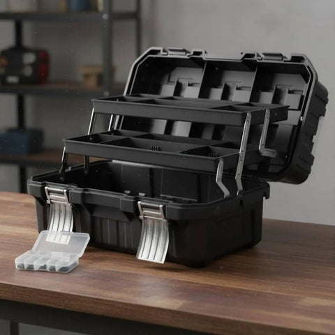 Heavy-Duty Folding Three-Tier Cantilever Tool Chest open on table, showing sturdy metal body and trays.