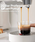 Next Level Drip 20 Bar Espresso Machine With Auto Milk Frother And Pro Steam Wand For Barista Style Home Brewing Quick Heat Tech For Thick Crema And Drip Free Latte Game Daily pouring espresso into a glass.