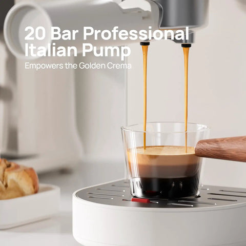 Next Level Drip 20 Bar Espresso Machine With Auto Milk Frother And Pro Steam Wand For Barista Style Home Brewing Quick Heat Tech For Thick Crema And Drip Free Latte Game Daily pouring espresso into a glass.