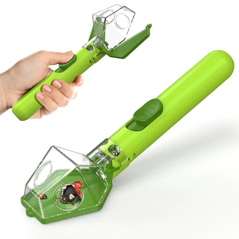 Bug Hunter Kit With 6X Magnifier Glass For Indoor Outdoor STEM Exploration Kids Friendly Bug Catcher Tool With One Hand Thumb Slide Easy Operation Ideal Gift For Boys Girls And Adults Green shown in hand.