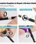 Top Notch Spinning Rod Guide And Tip Repair Kit Featuring Rock Solid Stainless Steel Eyelets and UV adhesive application process.