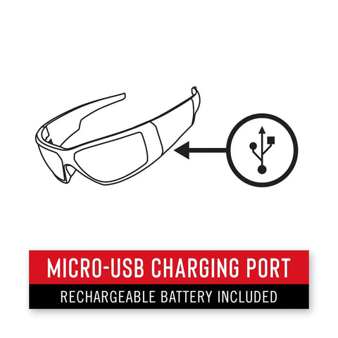 Diagram showing charging port for Rechargeable Lighted Safety Glasses With Tilt-And-Twist Optic ANSI Z87 Approved Two Scratch-Resistant Lenses.