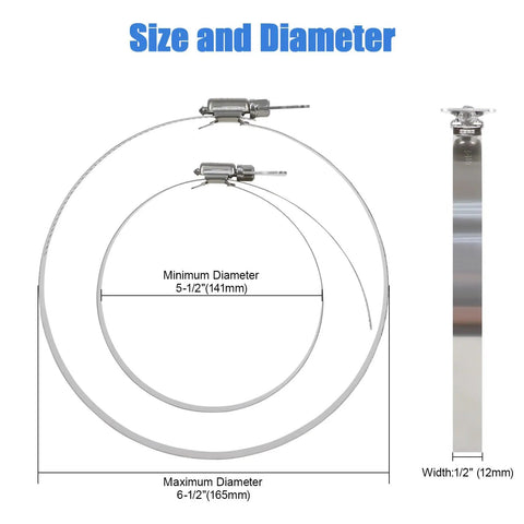 Hose Clamp Set Stainless Steel Adjustable Five Pack For Five And A Half To Six And A Half Inch Range Size Diagram