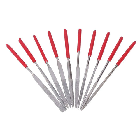 Diamond Needle File Set With Rubber Handles, 10 Pcs 120 Grit Grinding Trimming Files Kit displayed in multiple shapes