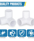 Two white PVC pipe fittings with smooth edges, labeled for gloss, non-yellowing, non-cracking. Three Quarter Inch Three Way PVC Pipe Fittings Connectors For DIY Furniture Projects Furniture Grade White PVC Fittings With Smooth Tapered Edges For Sturdy DIY Builds 12 Pack.