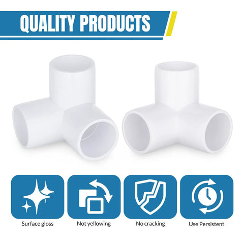 Two white PVC pipe fittings with smooth edges, labeled for gloss, non-yellowing, non-cracking. Three Quarter Inch Three Way PVC Pipe Fittings Connectors For DIY Furniture Projects Furniture Grade White PVC Fittings With Smooth Tapered Edges For Sturdy DIY Builds 12 Pack.