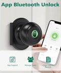 Keyless Entry Fingerprint Door Lock With App Control, Biometric Smart Door Knob for bedrooms, office, and apartment shown with smartphone control.