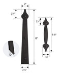 Heavy Duty Premium Garage Door Hardware Kit Featuring Decorative Handles And Sturdy Steel Hinges For Dead Nuts Closure And Zero Sweat Residential Upgrade Project, showing black decorative handles and hinges with dimensions.