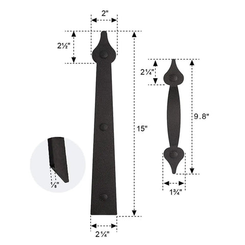 Heavy Duty Premium Garage Door Hardware Kit Featuring Decorative Handles And Sturdy Steel Hinges For Dead Nuts Closure And Zero Sweat Residential Upgrade Project, showing black decorative handles and hinges with dimensions.