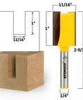Premium Straight Router Bit With 11 16 Inch Cut Diameter And One Inch Height Featuring A Quarter Inch Shank on wood piece.