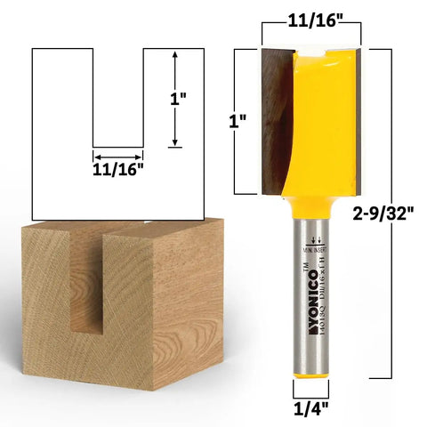 Premium Straight Router Bit With 11 16 Inch Cut Diameter And One Inch Height Featuring A Quarter Inch Shank on wood piece.