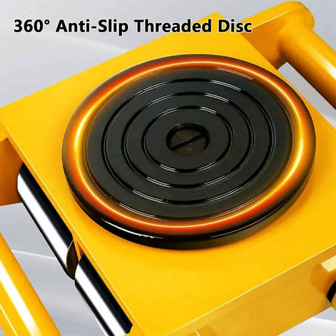 360° anti-slip threaded disc on heavy duty industrial roller skates for moving tonage loads with swivel base.
