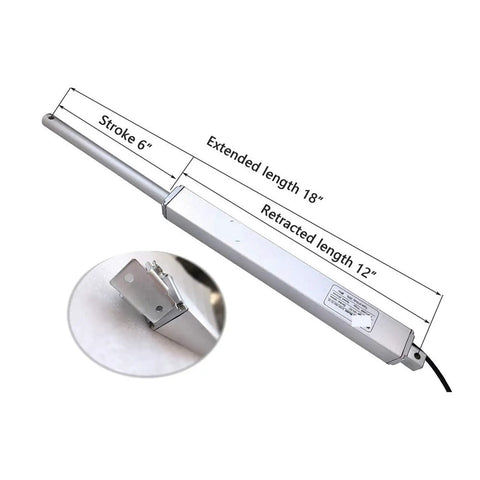 12V DC Linear Actuator With Six Inch Stroke, 55 Lbs Lift Capacity, IP54 Rated, Includes Limit Switch And Mounting Brackets