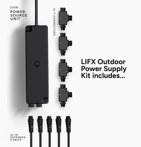 Outdoor Landscape Low Voltage Plug In Power Supply Kit with Dual Output, T Connectors, Extension Cables, Weatherproof Cabling