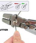 Heavy Duty Wire Rope Crimping Tool Kit With 2.0Mm Cap Crimper cutting wire rope, shown with crimp settings diagram
