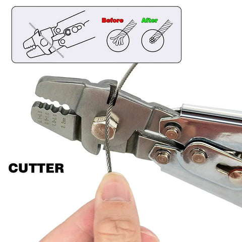 Heavy Duty Wire Rope Crimping Tool Kit With 2.0Mm Cap Crimper cutting wire rope, shown with crimp settings diagram