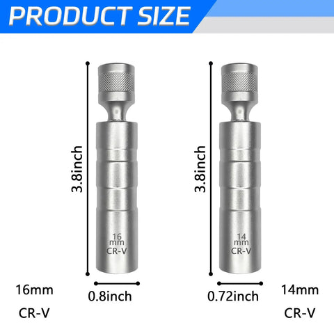 14mm And 16mm Thin Wall Magnetic Swivel Spark Plug Socket Set, Three Eighths Drive, 12 Point, Universal Joint, 360 Degree Rotating, Hella Easy In Tight Engine Bays, Works With BMW Nissan And More. 16mm and 14mm CR-V sockets, 3.8 inch