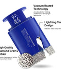 Close-up of Diamond Drill Core Bit showing diamond grains, 35mm size, blue color, designed for tile and stone cutting with SDS Plus adapter.