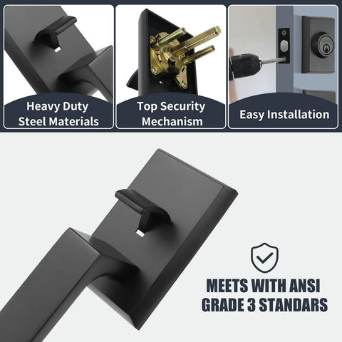 Front Door Handleset With Single Cylinder Deadbolt In Matte Black Zinc Alloy Lockset For Exterior Entry Reversible For Right Or Left Handed Doors Built To Last Easy Install Home Security Upgrade showing steel materials, security mechanism, and installation process.
