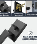 Heavy Duty Front Door Handle Set With Deadbolt And Reversible Lever Matte Black Exterior Lock Set Built To Last In Humidity Premium Zinc Alloy And Stainless Steel Construction Rust Resistant Smooth Operation showing steel material and security mechanism.