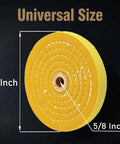 Heavy Duty Six Inch Cotton Buffing Wheels For Bench Grinders Two Pack showing 6 inch diameter and 5/8 inch arbor hole.