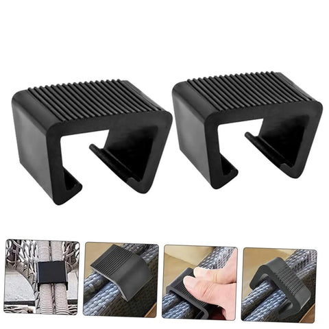 8 Pack Outdoor Furniture Clips And Connectors For Rattan Wicker Chairs And Sectional Sofas, No More Sliding With Lightweight Clamp Fasteners, Easy To Install Patio Sofa Stabilizers For A Tight, Secure Outdoor Setup shown close-up in black with installation examples.