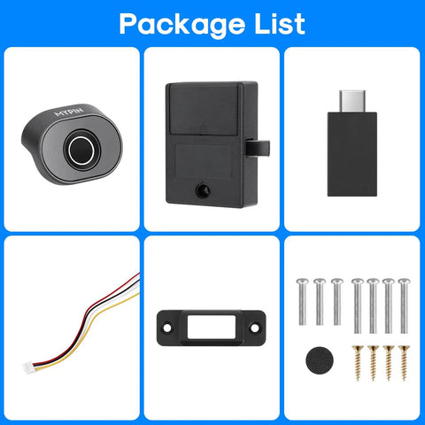 Bluetooth Fingerprint Cabinet Lock With Smart Biometric Keyless Access For File Drawers and Wardrobes USB Key Backup package contents