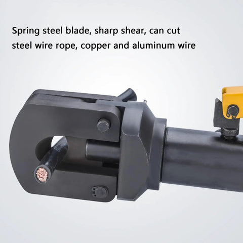 Close-up of Manual Hydraulic Cable Cutter 10 Ton 30mm Heavy Duty Rebar Shear cutting a cable, showing the sharp steel blade.
