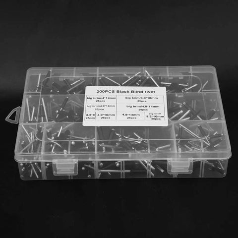 200 Piece Black Blind Rivet Kit High Strength Round Head Assortment in plastic storage box