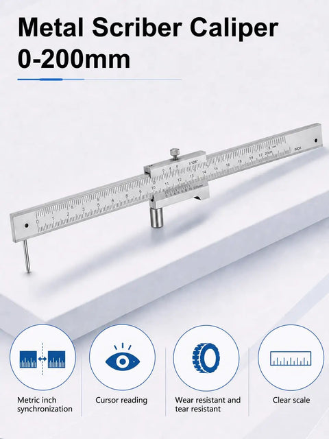 Metal Scribe Caliper Tool 0-200mm 0-8in Marking Gauge With Precise 0.05mm Resolution and 0.05mm Accuracy on white surface