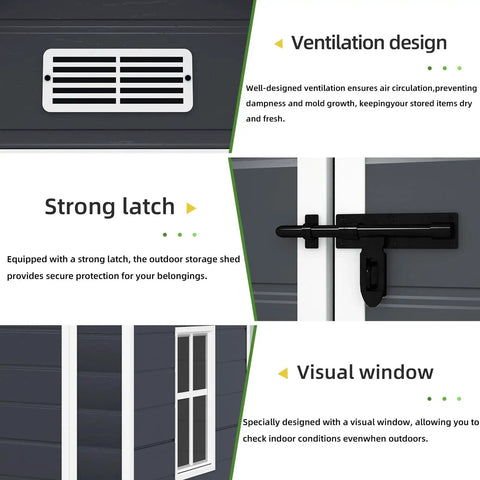 Heavy-Duty Resin Outdoor Storage Shed 6 By 4.4 Ft Yard-Ready Built-To-Last features ventilation, strong latch, and visual window.