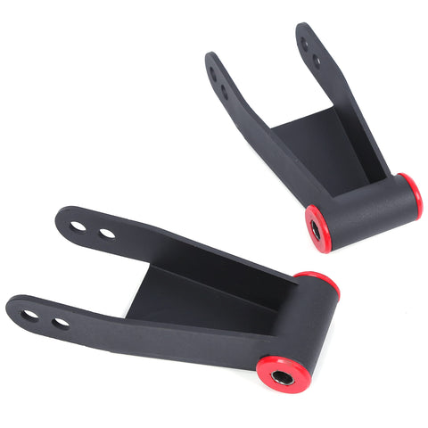 Ford F-150 2004-2014 Rear 2 to 3 Inch Lowering Drop Shackles Bolt On Leveling Kit 2WD Adjustable Shackle For A Lower Stance Easy Install No Cutting Required, black and red design shown.