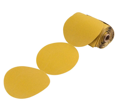 Yellow 320 Grit 6 Inch PSA Self Adhesive Sanding Discs Aluminum Oxide Sandpaper 100 Pack Stickyback Discs visible in a roll