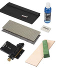 Pro Grade Diamond Whetstone Honing And Polishing Kit with monocrystalline diamond stone, honing guide, lapping fluid, strop, abrasive block