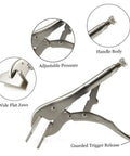 8 Inch Adjustable Flat Head Locking Pliers Built Like A Tank From Top Notch Carbon Steel Duckbill Clamps showing adjustable pressure and flat jaws.
