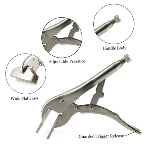 8 Inch Adjustable Flat Head Locking Pliers Built Like A Tank From Top Notch Carbon Steel Duckbill Clamps showing adjustable pressure and flat jaws.