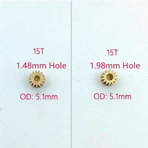 Comparison of 10pcs Brass Gears 15T Modulus 0.3M with 1.48mm and 1.98mm bores, 5.1mm OD, for mini cars and aircraft models.
