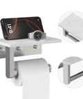 Rock Solid Brushed Nickel Toilet Paper Holder With Real Marble Shelf Wall Mount Tissue Dispenser storing phone and watch.