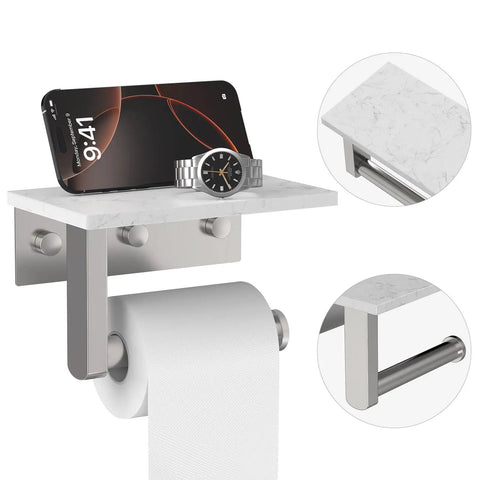 Rock Solid Brushed Nickel Toilet Paper Holder With Real Marble Shelf Wall Mount Tissue Dispenser storing phone and watch.