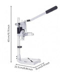 Drill Press Stand with Adjustable Depth Control and Vertical Support, Double Hole Aluminum Base, Hand Drill Mount for Steady, Precise Drilling in the Workshop, Sturdy Metal Construction and Easy Setup, side view with dimensions.