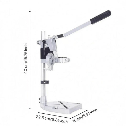 ShengQuanHao Drill Press Stand Hand Drill Holder Base Column Carriage Adjustable Mount with measurements for woodworking tasks.