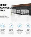 Cable management tray for organizing cords under a desk, made of durable steel, suitable for use with the 63 By 30 Inch Heavy Duty Dual Motor Electric Standing Desk Slick Curve Top Rock Solid Height Adjustable Sit Stand Workstation Zero Hassle Silent Lift Preset Memory For Home Office Workspace.